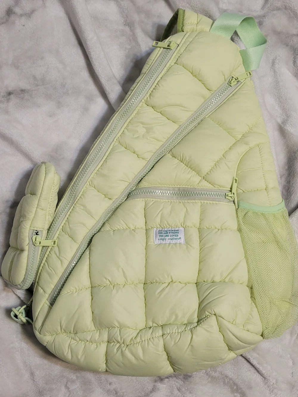 Simply Southern Light Green Quilted Sling Backpack
